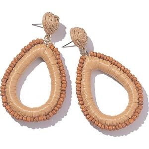 Boho‎ Raffia Teardrop Dangle Earrings Tan Wood Beaded Statement Fashion Jewelry